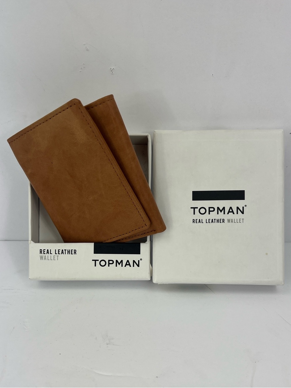 TOPMAN REAL LEATHER, TRI FOLD WALLET, LIGHT BROWN, ZIPPER FOR COIN